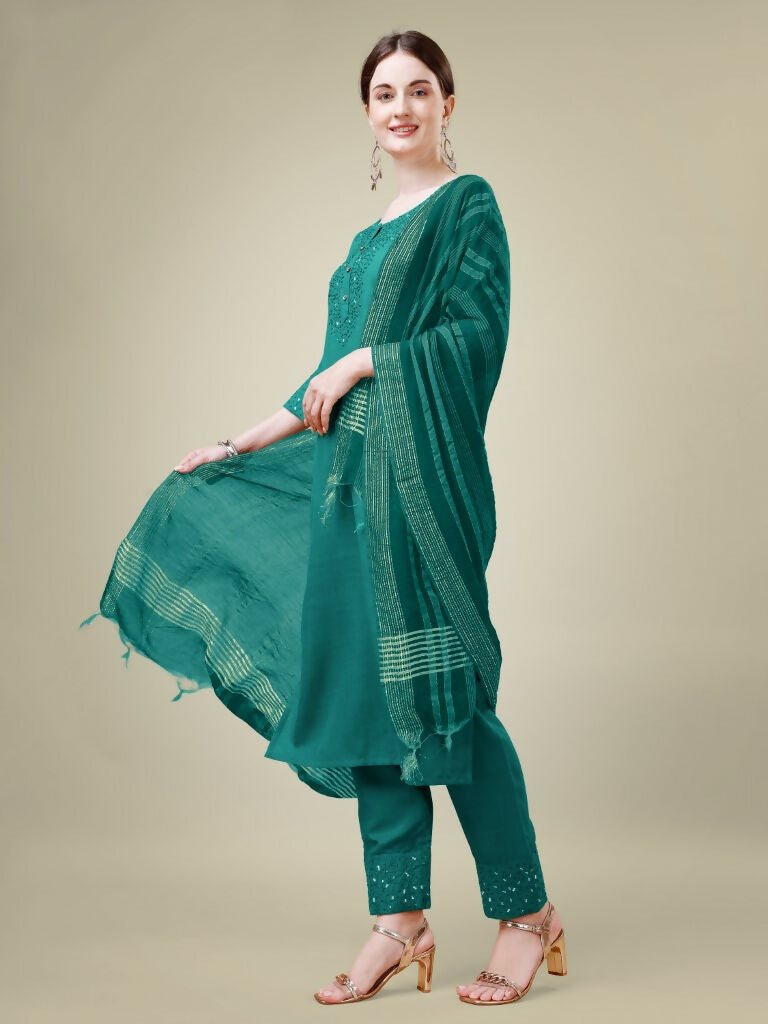 Jyoti Fashion Women's Teal Cotton Blend Embroidery & Sequence work Kurta with Trouser & Dupatta