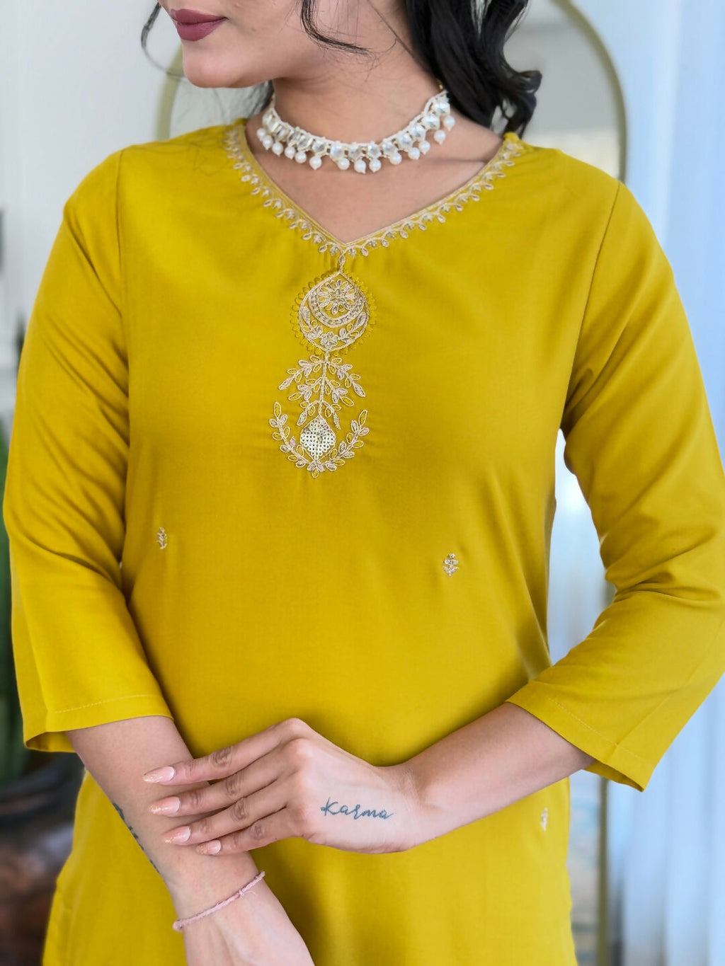 The52 Yellow Women's Beautiful Embroidered Rayon Fabric with Straight Kurta, Pant and Dupatta Set