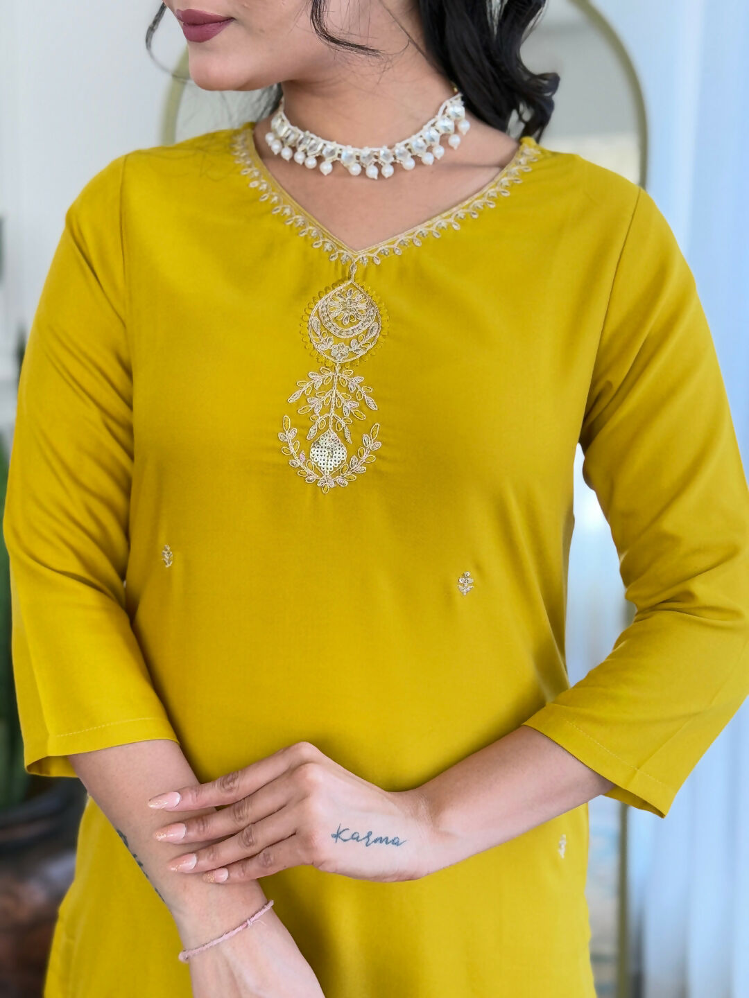 The52 Yellow Women's Beautiful Embroidered Rayon Fabric with Straight Kurta, Pant and Dupatta Set