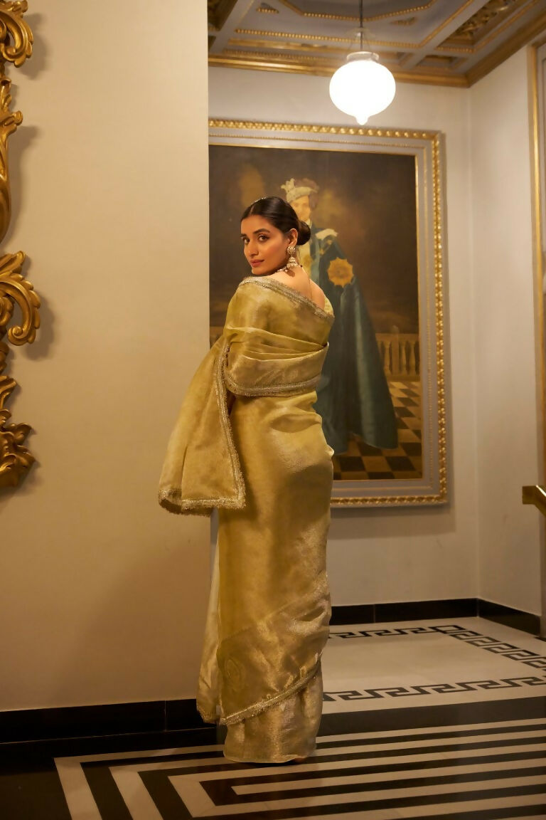 Vastranavya Gold Tissue Shimmer Zari Weaving Work Saree with Unstitched Blouse Gold