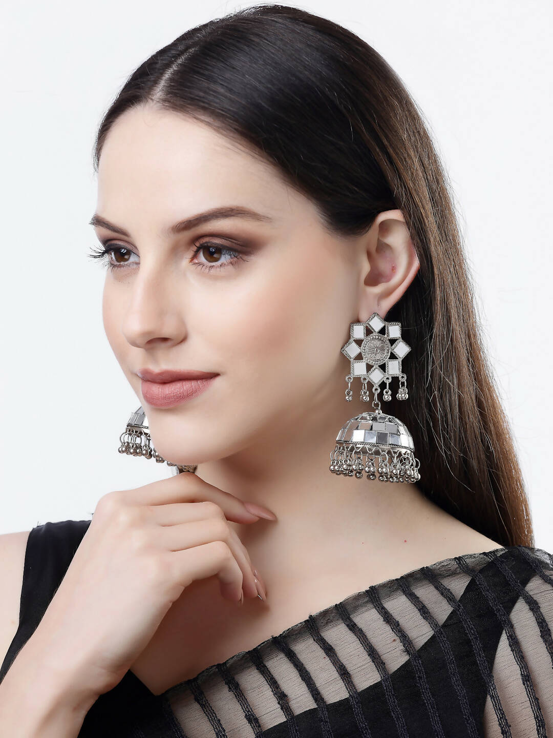 NVR Women Silver Mirror Oxidised Brass-Plated Jhumka Earrings