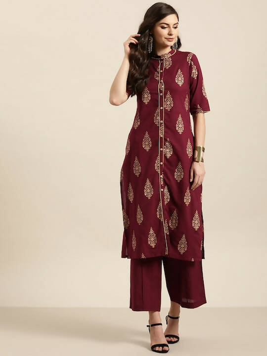 Women Maroon & Golden Pure Cotton Printed Kurta with Palazzos - Vishwa