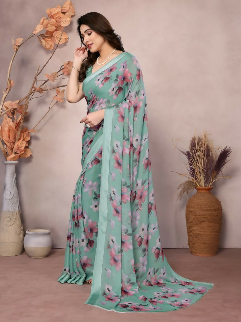 Designer Partywear Teal Bright Moss Satin Patta Fancy Saree - Kanak