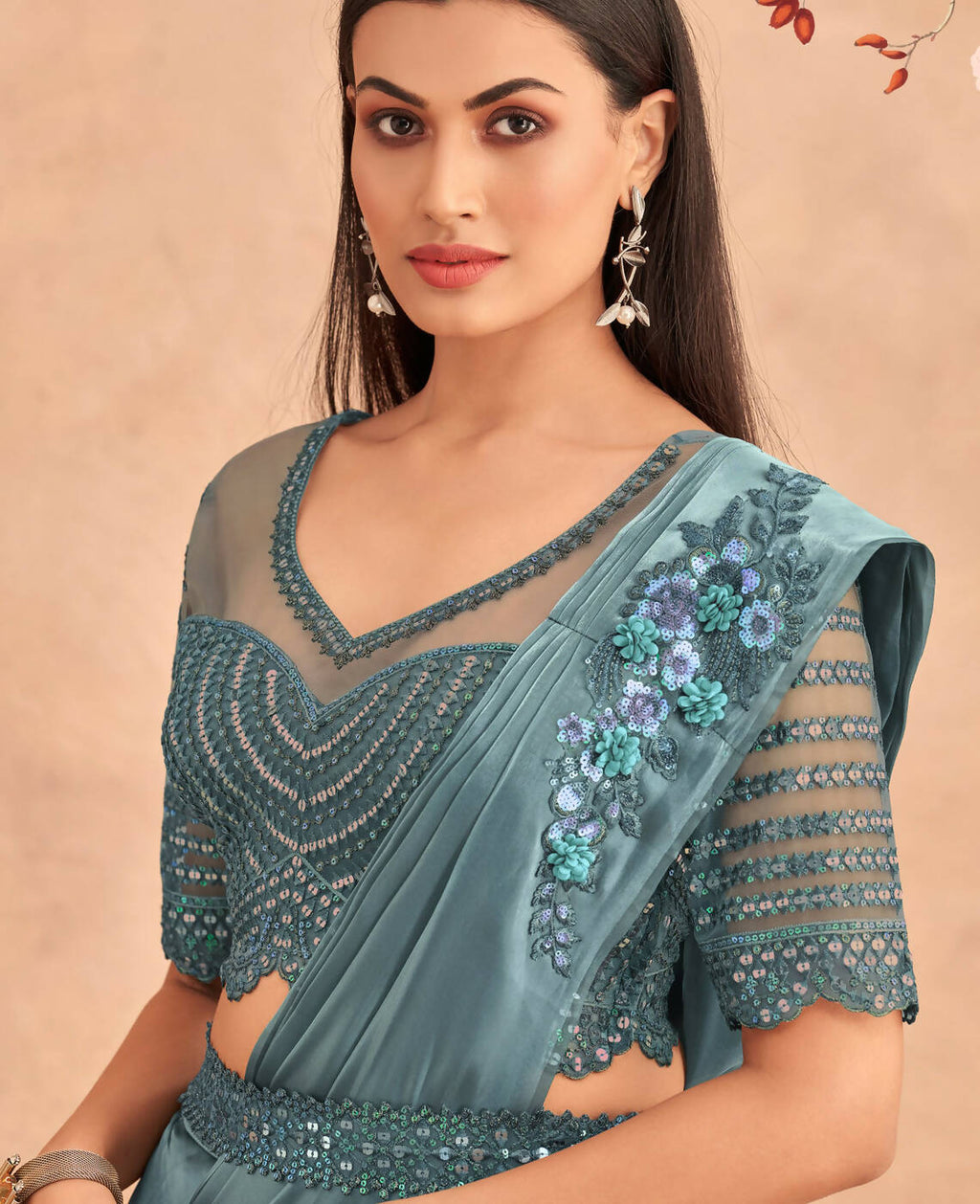 Blue Satin Embroidered Ready To Wear Saree With Unstitched Blouse Piece - Nandika