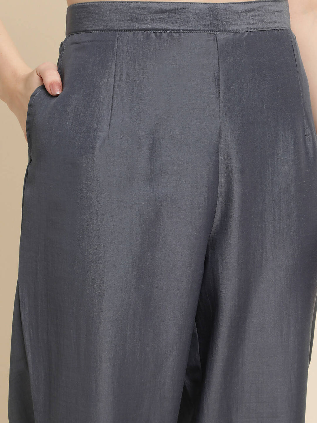 Grey Chinon Silk Embroidered Straight Kurta with Trouser & Dupatta - Salimar