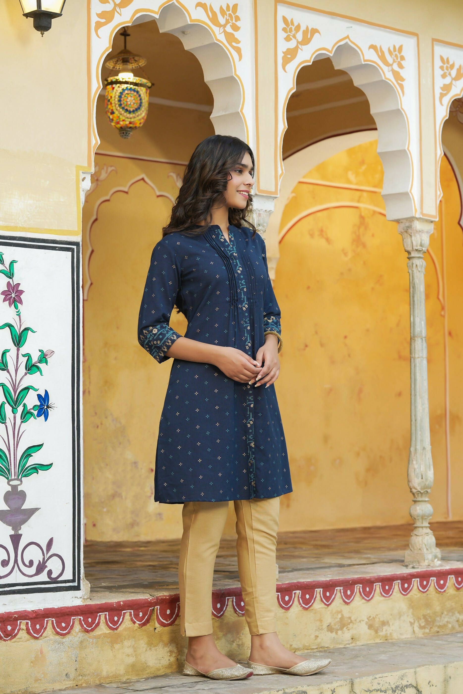 Juniper Women's Blue Cotton Flex Printed A-Line Kurta