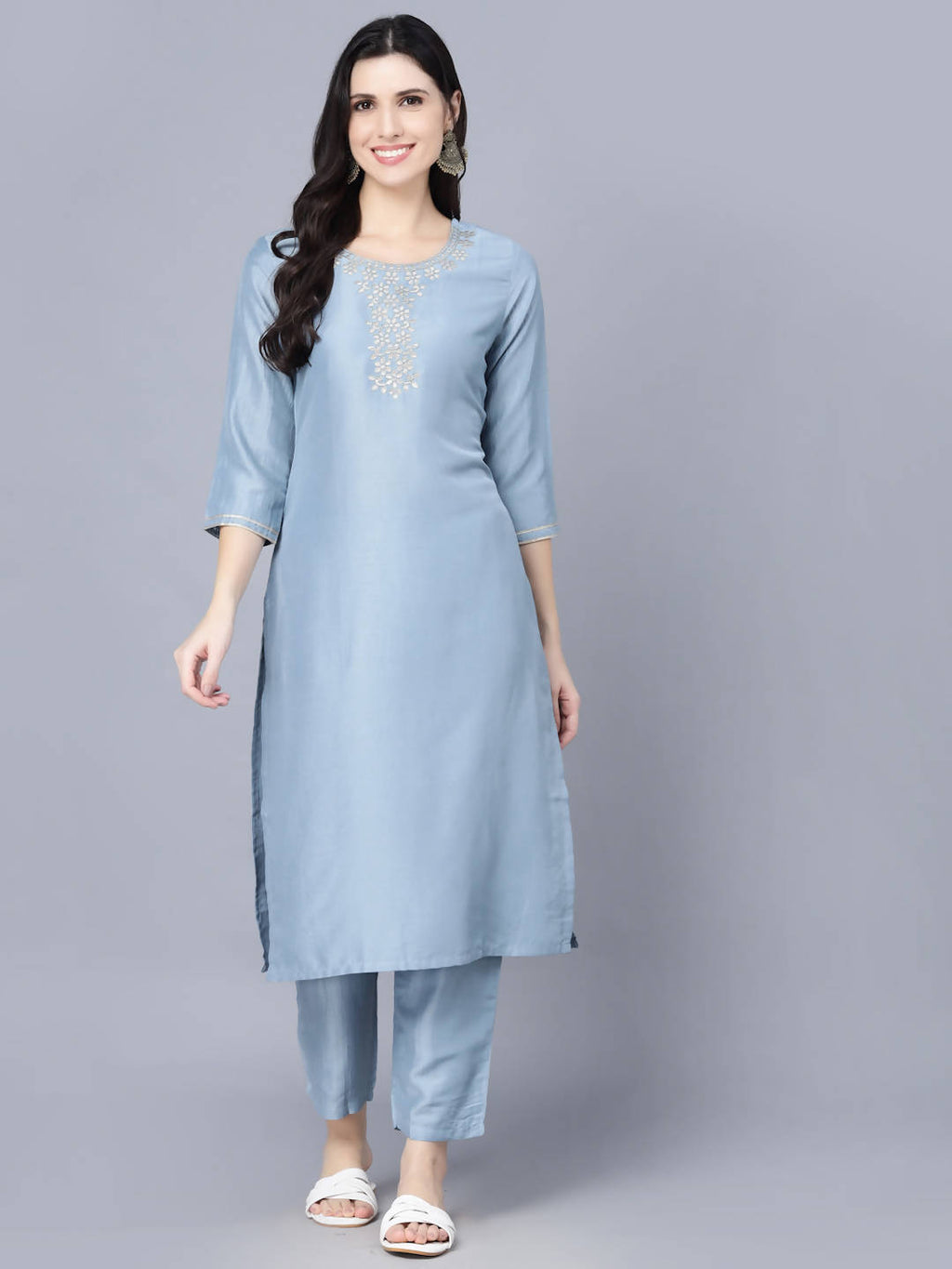 Myshka Women Blue Ethnic Motifs Panelled Kurta with Trousers With Dupatta