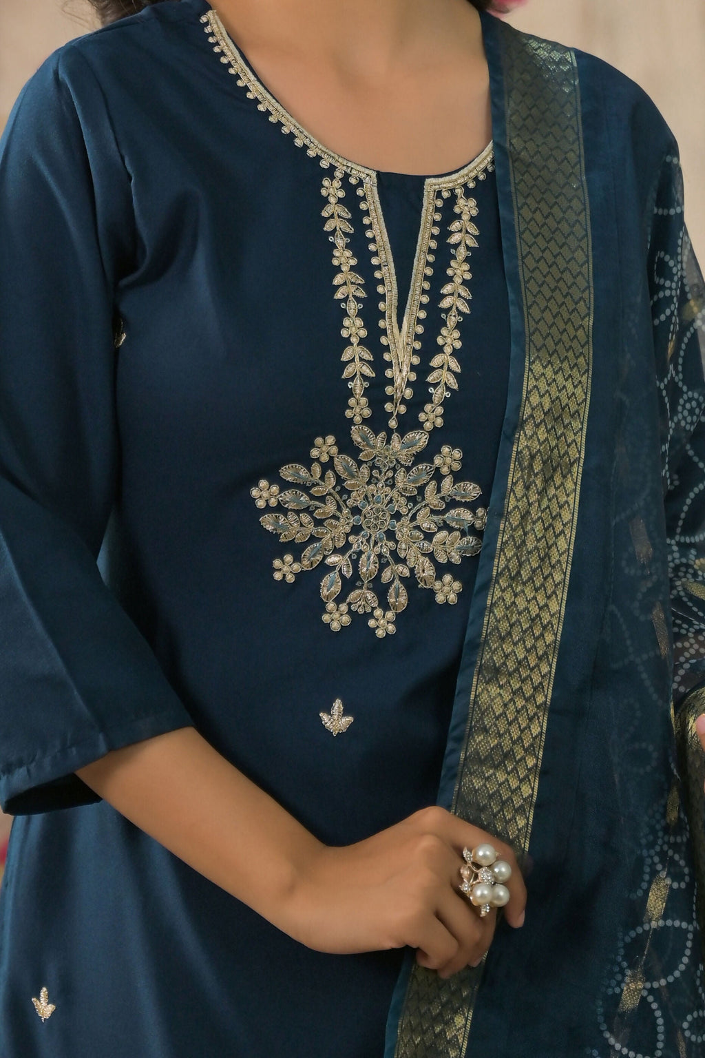 Ethnic Festive Wear Reyon Petrol Stitched Suit With Dupatta - Tanisha