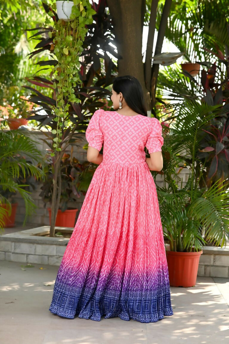 Jyoti Fashion Women's Pink Bandhej Print with Crush Pleating Muslin Anarkali Dress