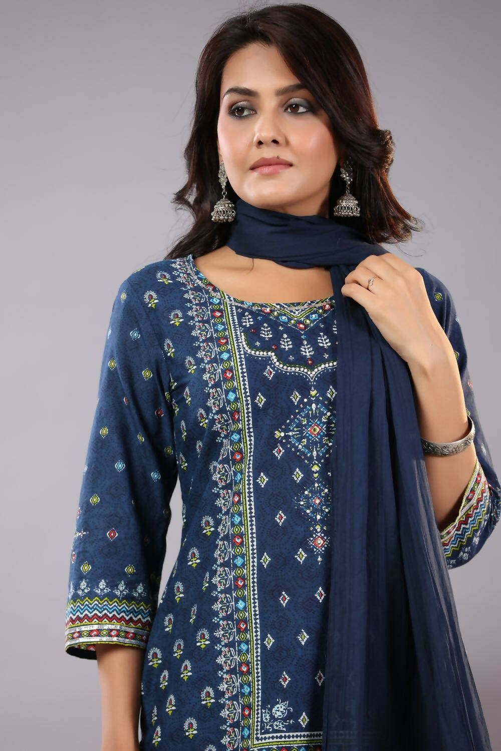 Juniper Women Indigo Cotton Cambric Printed Kurta, Palazzo and Dupatta Set