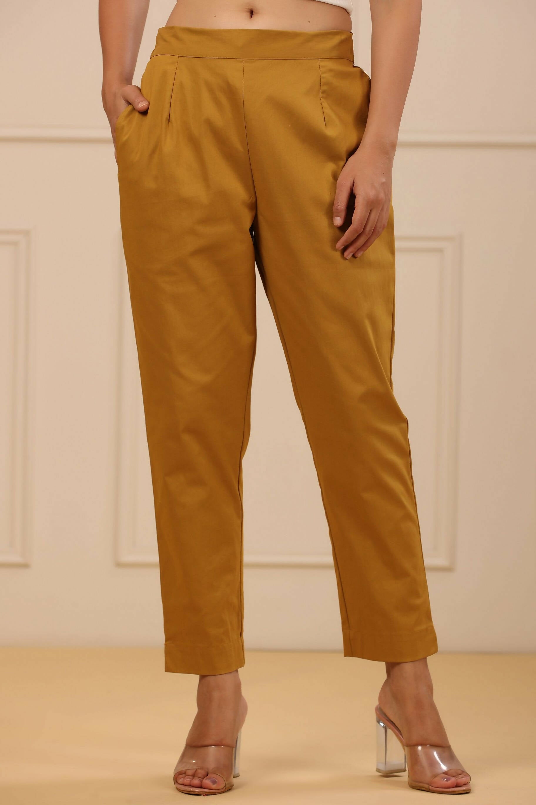 Juniper Women's Mustard Cotton Spendex Solid Straight Pant