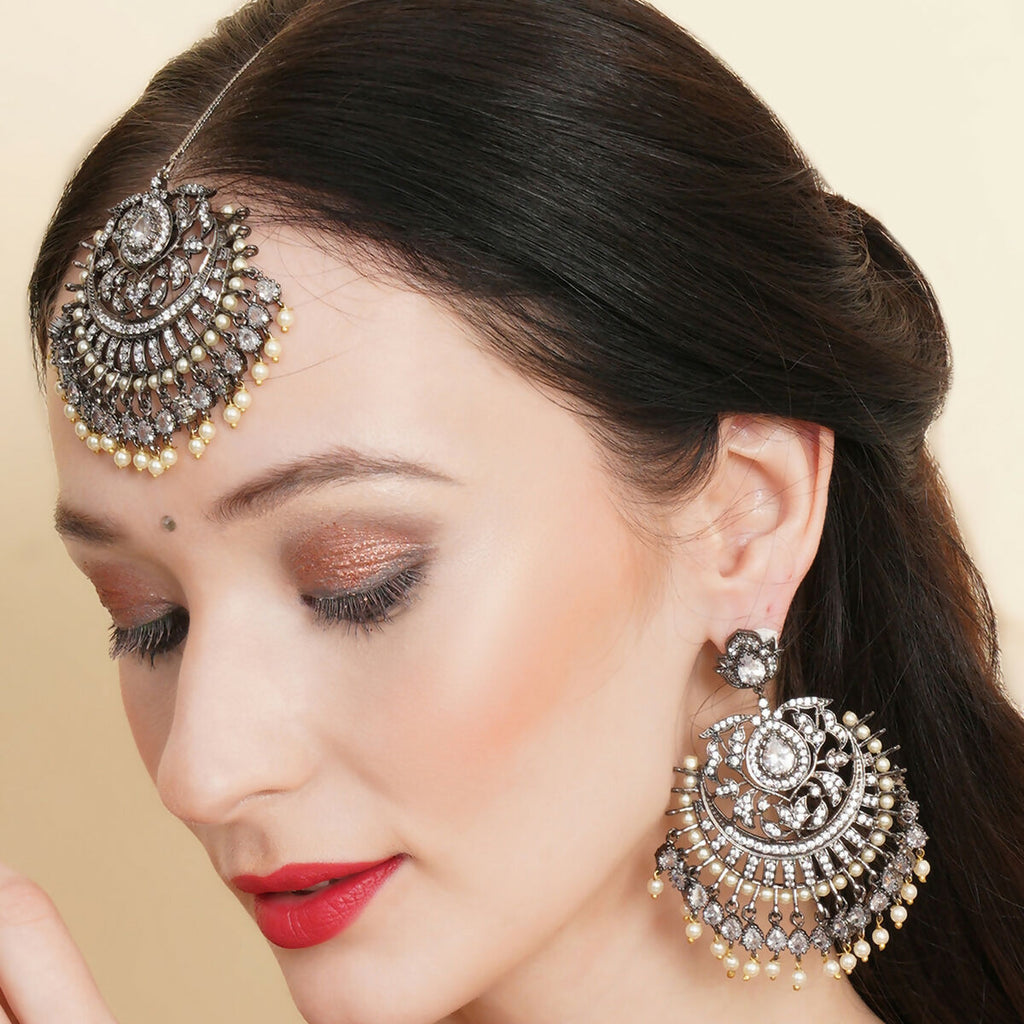 Diamond Earrings with Matching Maang Tikka- Ruby Raang