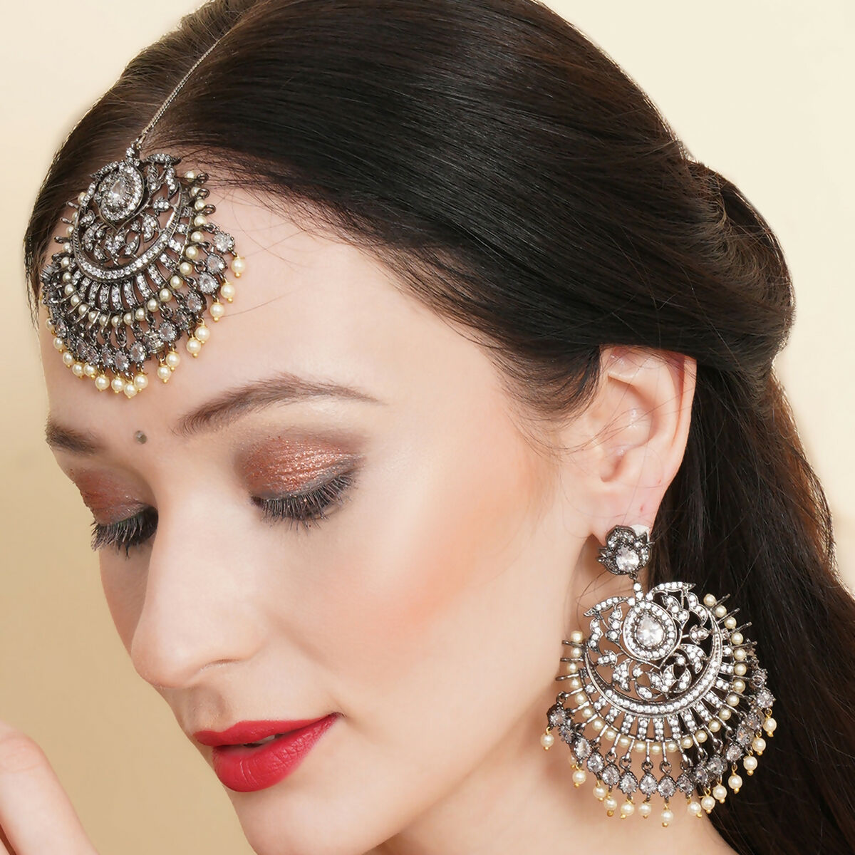 Diamond Earrings with Matching Maang Tikka- Ruby Raang