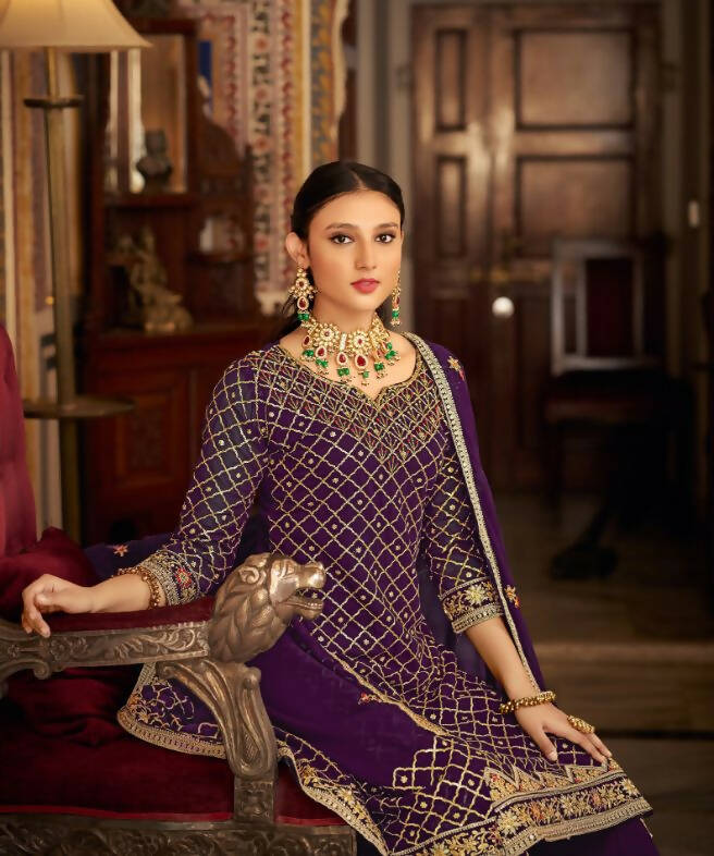 Purple Heavy Chinon Semi Stitched Kurta with Bottom & Dupatta - Dhvani