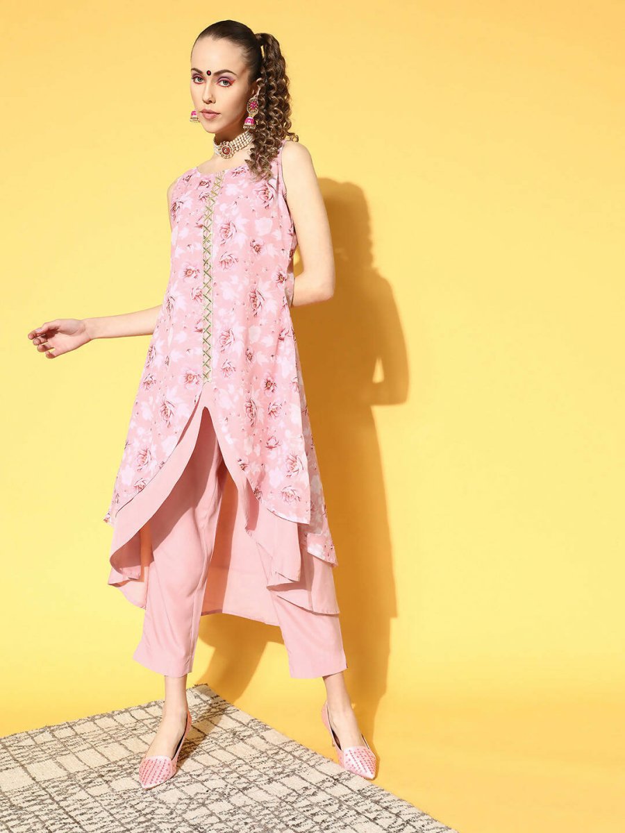 Ahalyaa Women Rose Colour Organza Digital Printed Kurta Pant Set