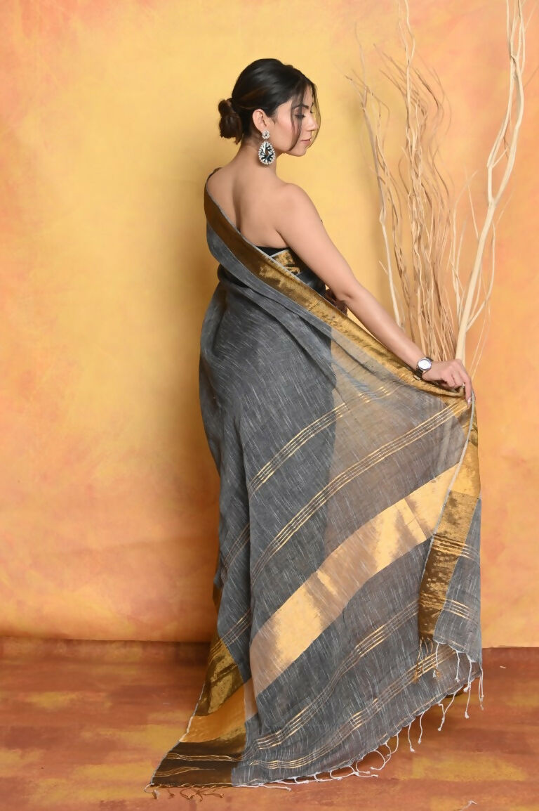 Very Much Indian Handloom Pure Cotton Linen Saree With Golden Border - Grey Gold
