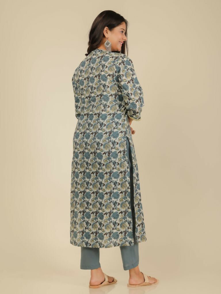 Aramya Straight Soft Cotton Floral Print Women's Kurta Set - Grey