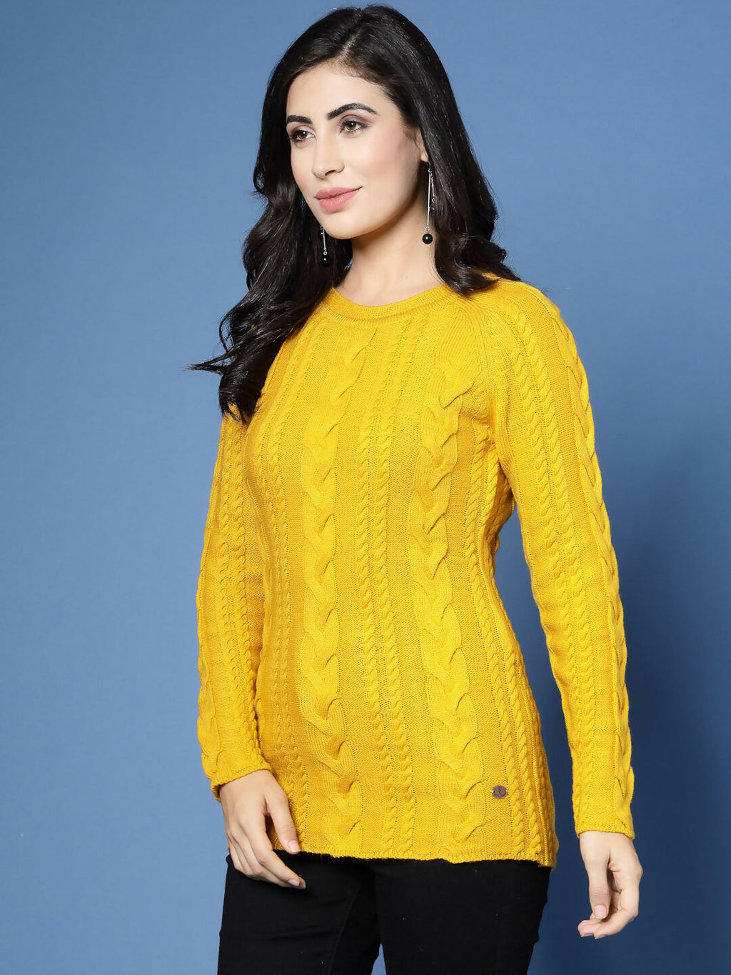 Women Mustard Acrylic Self Design Winter Dress - Wool Trees