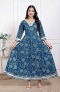 Miravan Women's Blue Cotton Embroidered Neck Anarkali Kurta