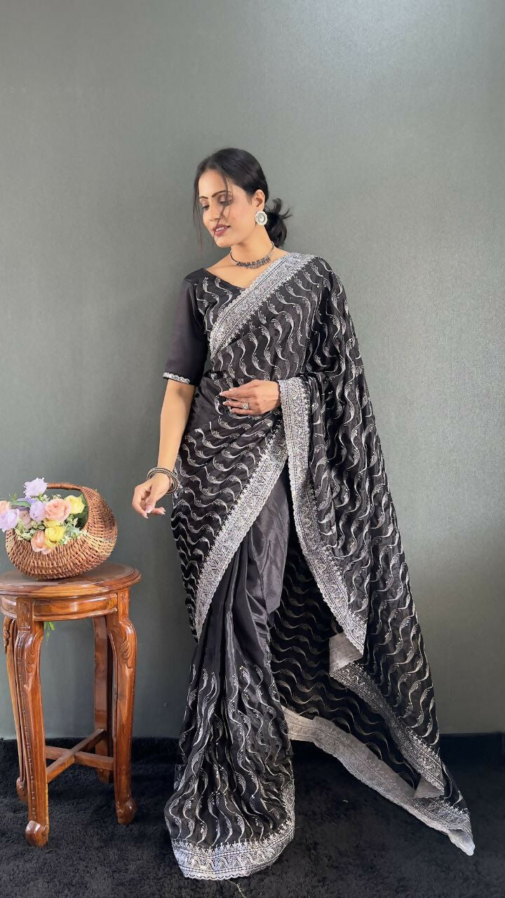 Vastranavya Black Chinnon Silk Embroidery Multi Sequence & Arco Cut Work Ready to Wear Saree