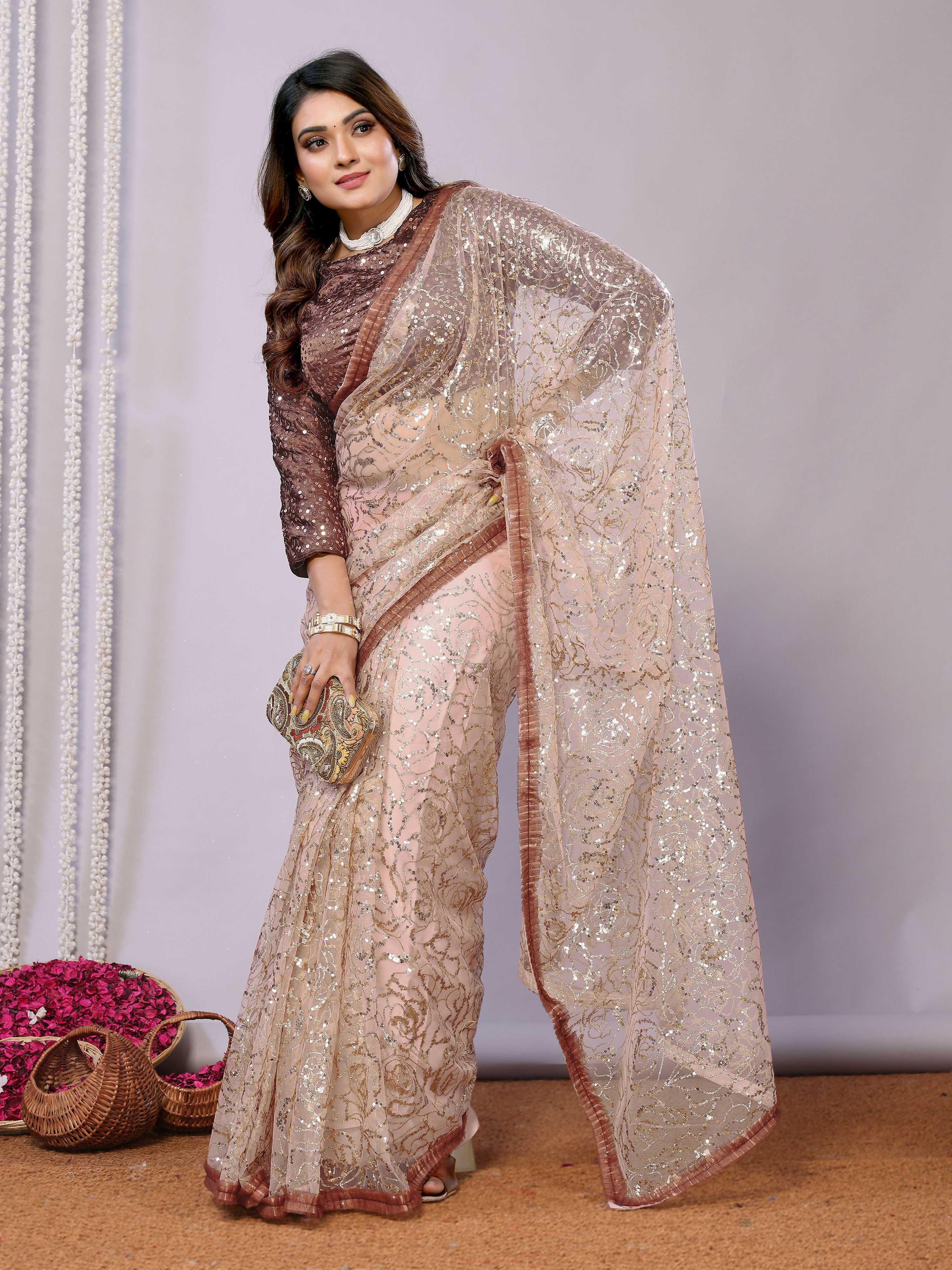 Brown Net Embroidered Saree With Stitched Blouse - Nimaya Kaksha