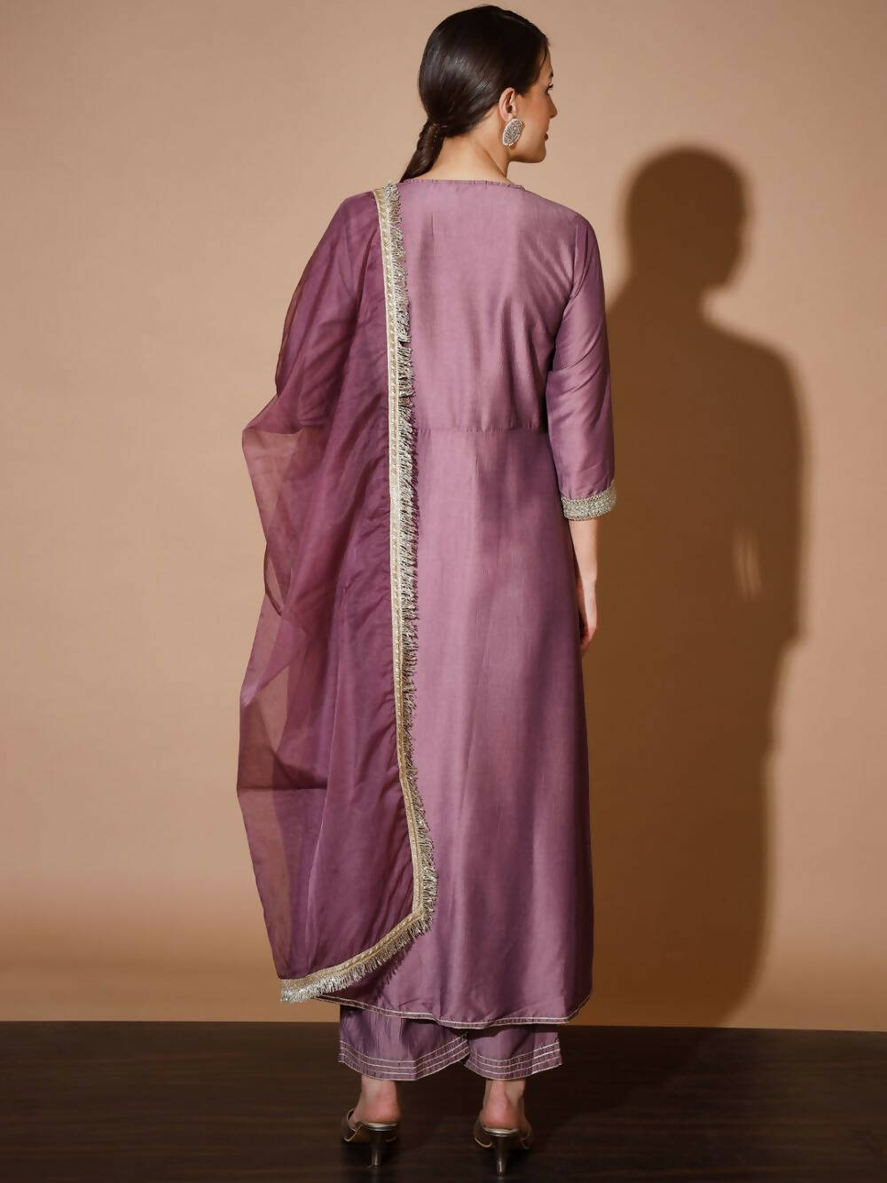 Myshka Women Mauve Solid Kurta & Palazzos With Dupatta