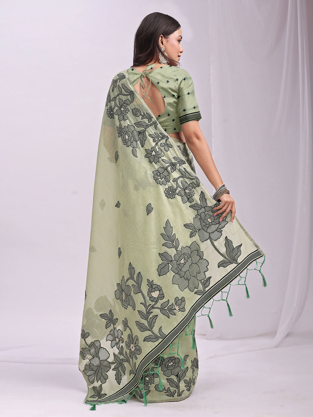 Shree Shyam Fashion Kashira Light Green Linen Cotton Saree