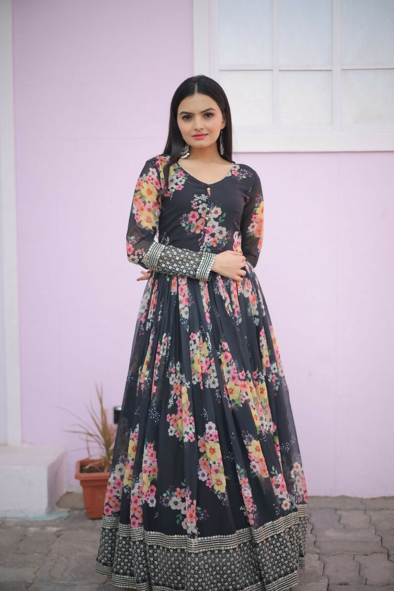 Jyoti Fashion Women's Black Digital Print with Sequence Zari Embroidered Faux Georgette Anarkali Dress