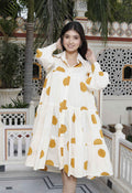 Miravan Women's Polka Dot Printed Pure Cotton Yellow Loose Fit A-Line Tiered Dress