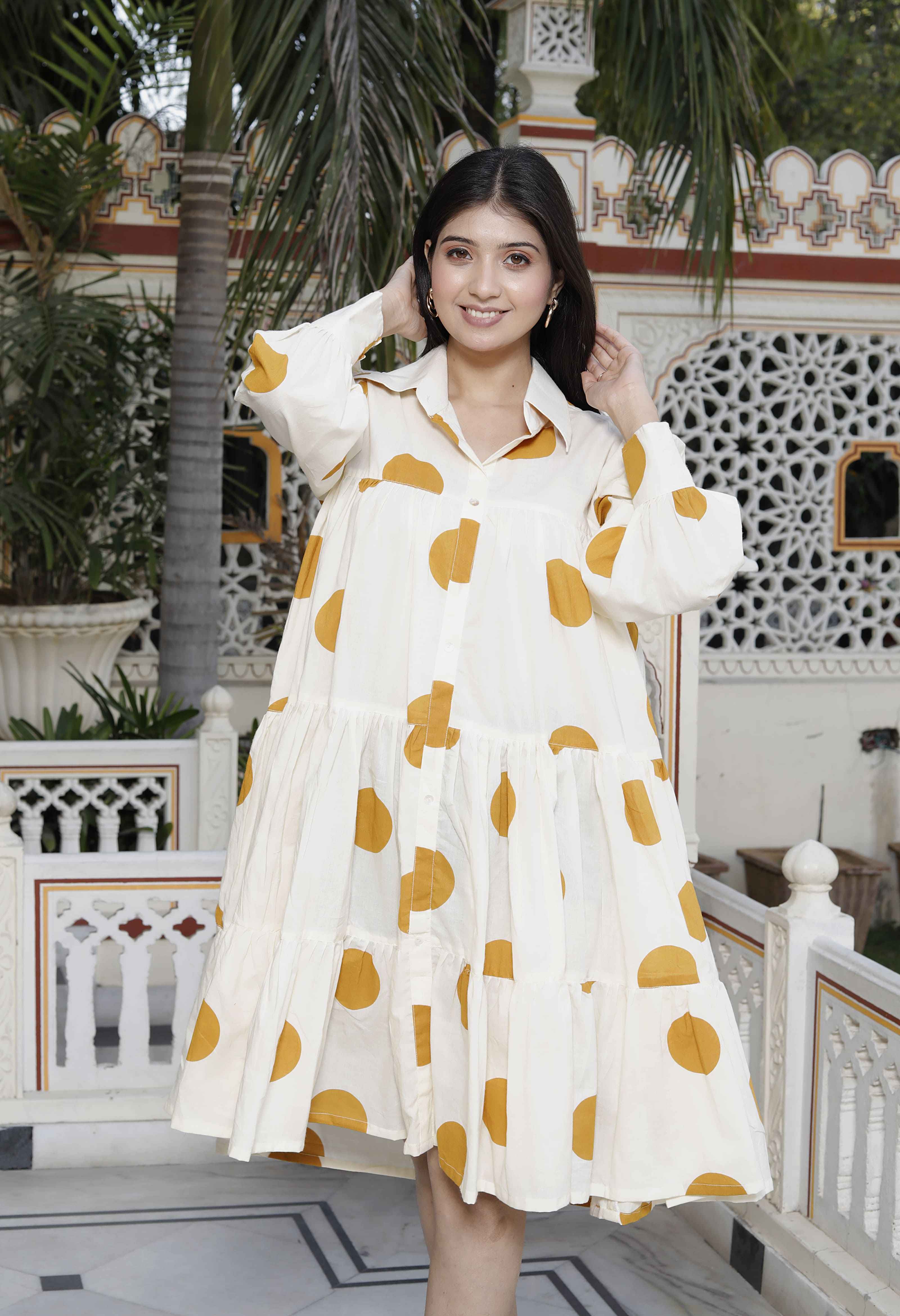 Miravan Women's Polka Dot Printed Pure Cotton Yellow Loose Fit A-Line Tiered Dress