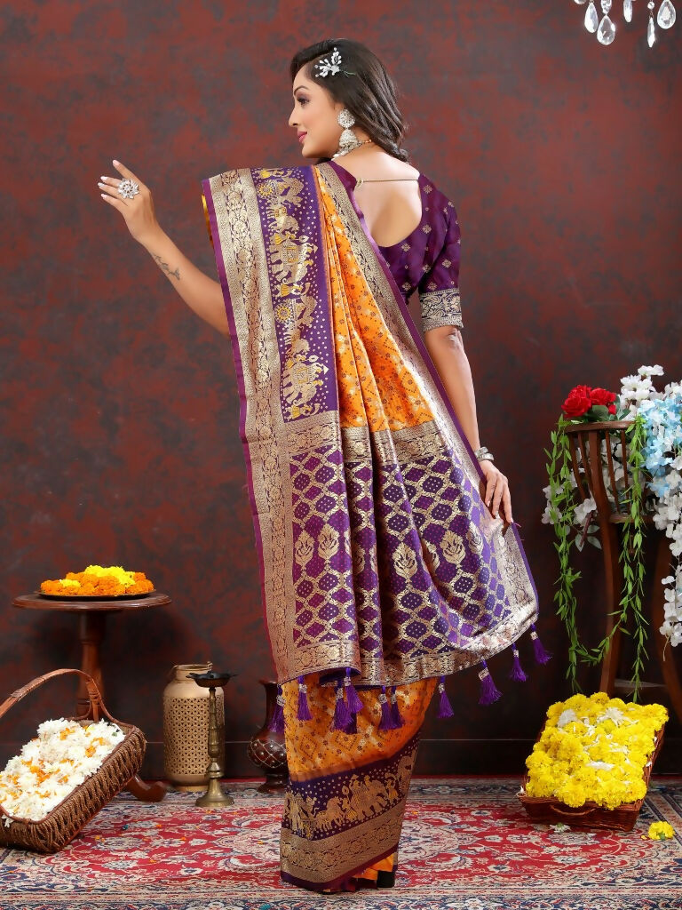 Vastranavya Orange Soft Patola Silk With Meenakari Weaving Motifs And Rich Zari Weaving Pallu Saree With Matching Blouse Fabric