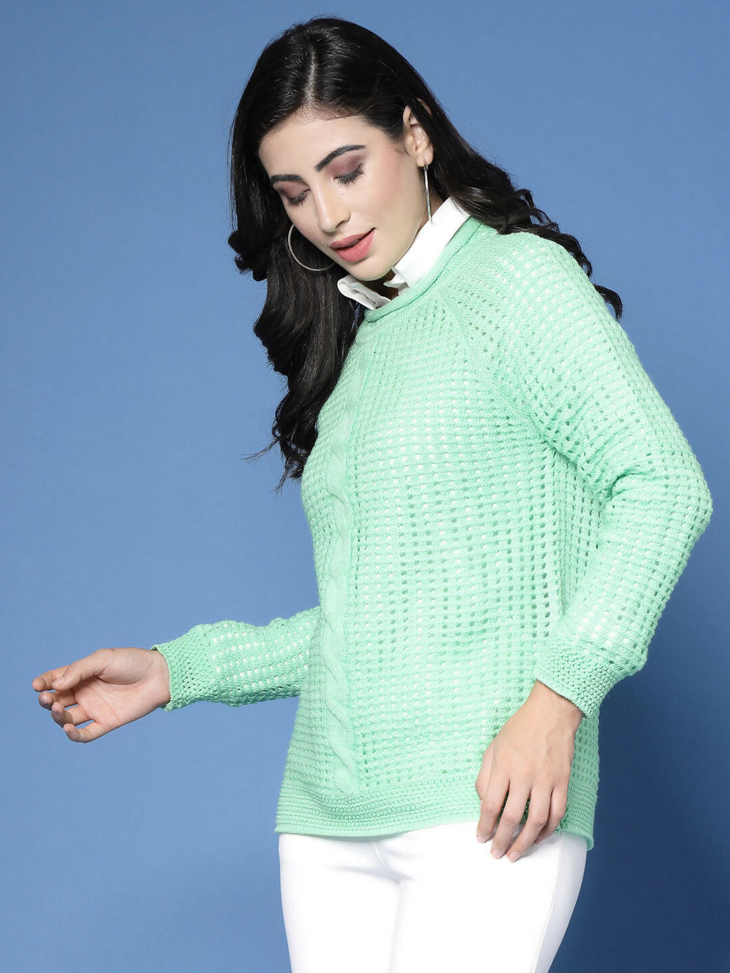 Women Green Acrylic Pointele Sweater - Wool Trees