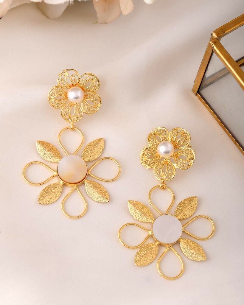VOJ Gold-Polished Pearl Studded Flower Shaped Drop Earrings