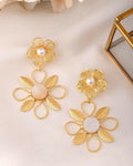 VOJ Gold-Polished Pearl Studded Flower Shaped Drop Earrings