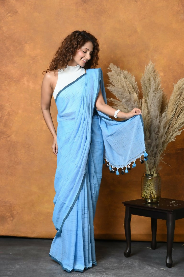 Very Much Indian Mul Cotton Khadi Design Handloom Woven Saree - Blue