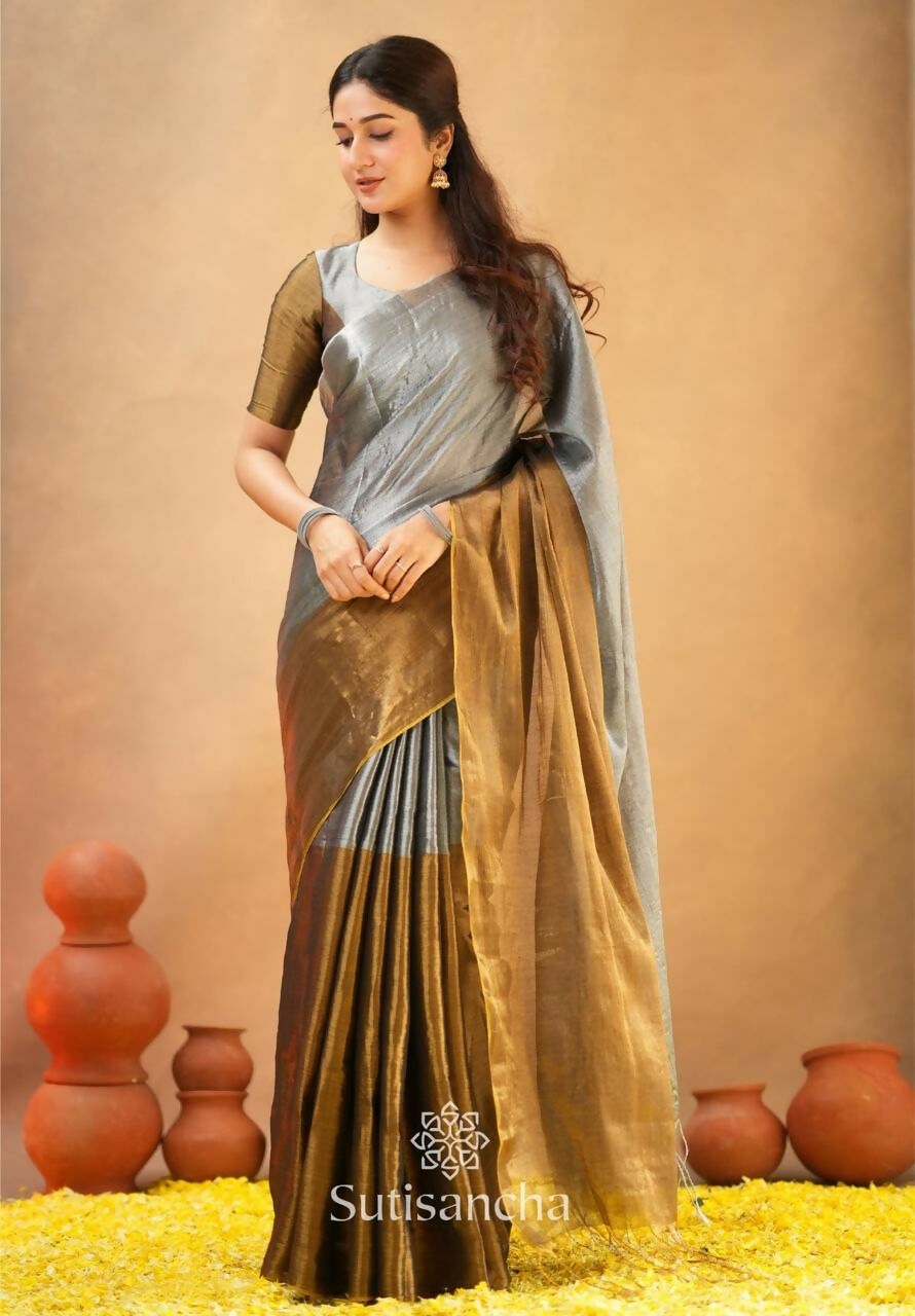 Exclusive Collection Beautiful Gray Copper Tissue Silk Hand Weaving Handloom Saree With Running Blouse Piece