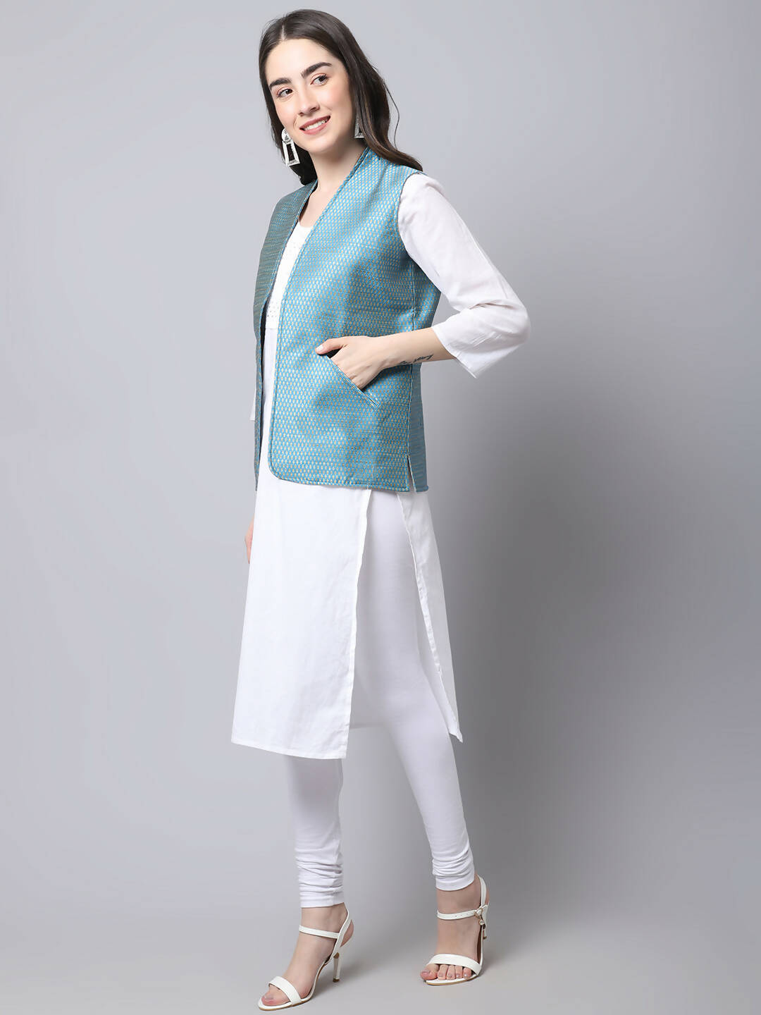 Even Apparels Blue Bansari Silk Open Front Gillet