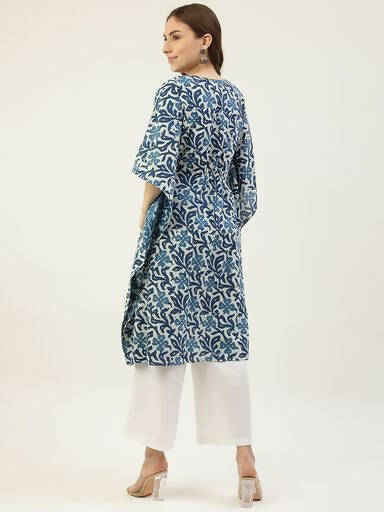 FIORRA Women's Printed Pure Cotton Kaftan Kurta - Blue