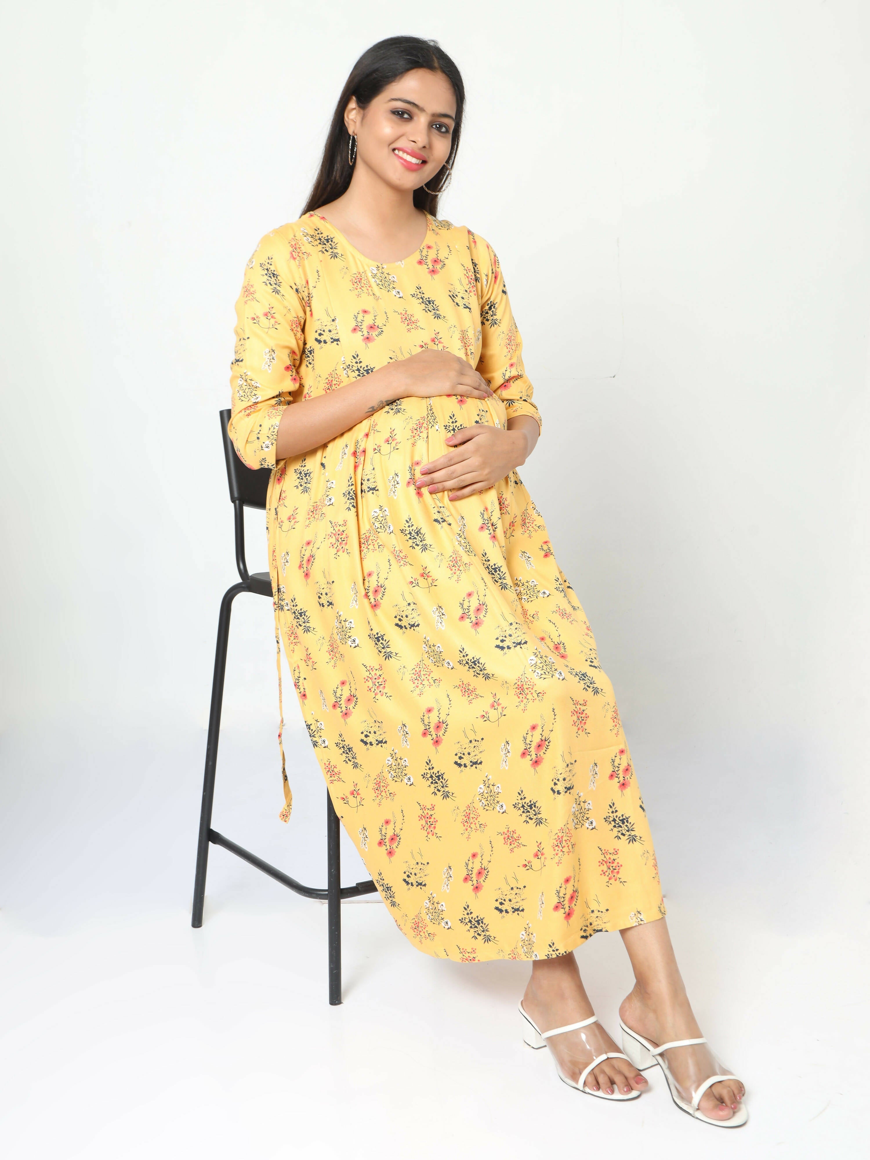 Manet Three Fourth Maternity Dress Floral Print With Concealed Zipper Nursing Access - Yellow