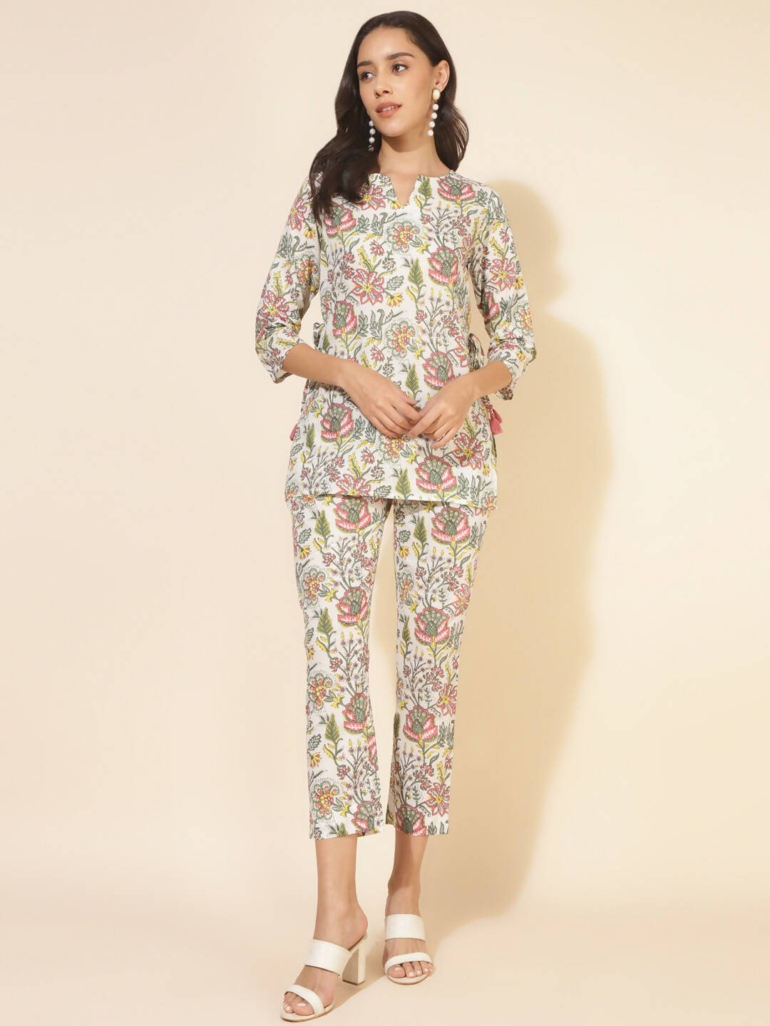 Janasya Women's White Cotton Printed Casual Regular Co-ords