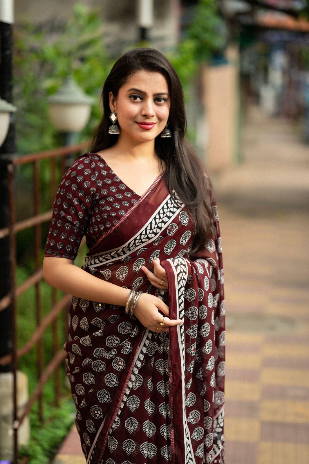 Maroon Poly Georgette Ajrak Saree with Unstitched Blouse - A2M
