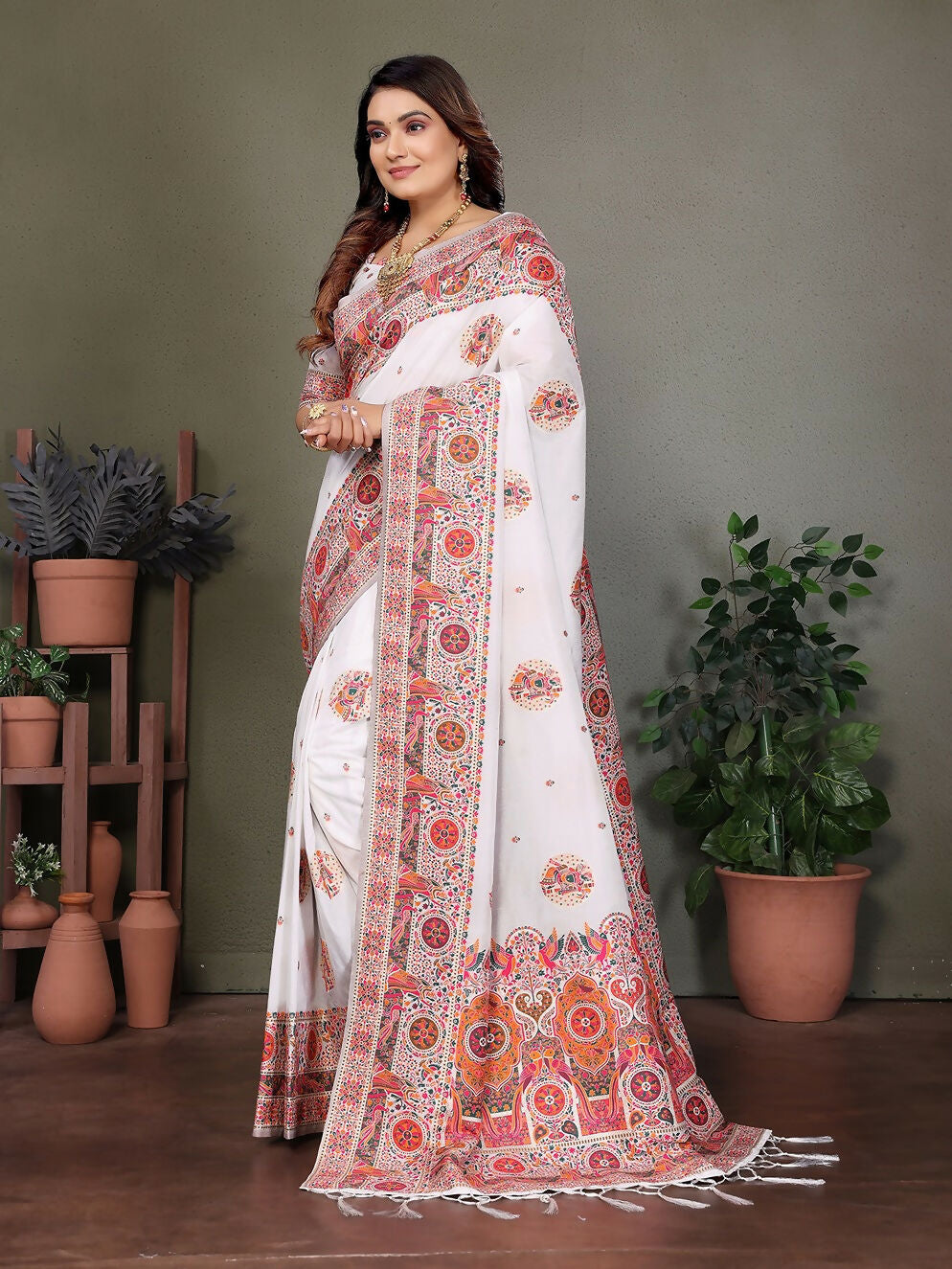 Joban Fashion White Thread Woven Pashmina Sarees