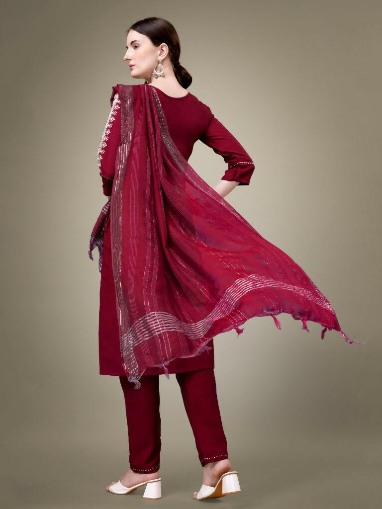 Jyoti Fashion Women's Maroon Cotton Blend Embroidery & Sequence work Kurta with Trouser & Dupatta