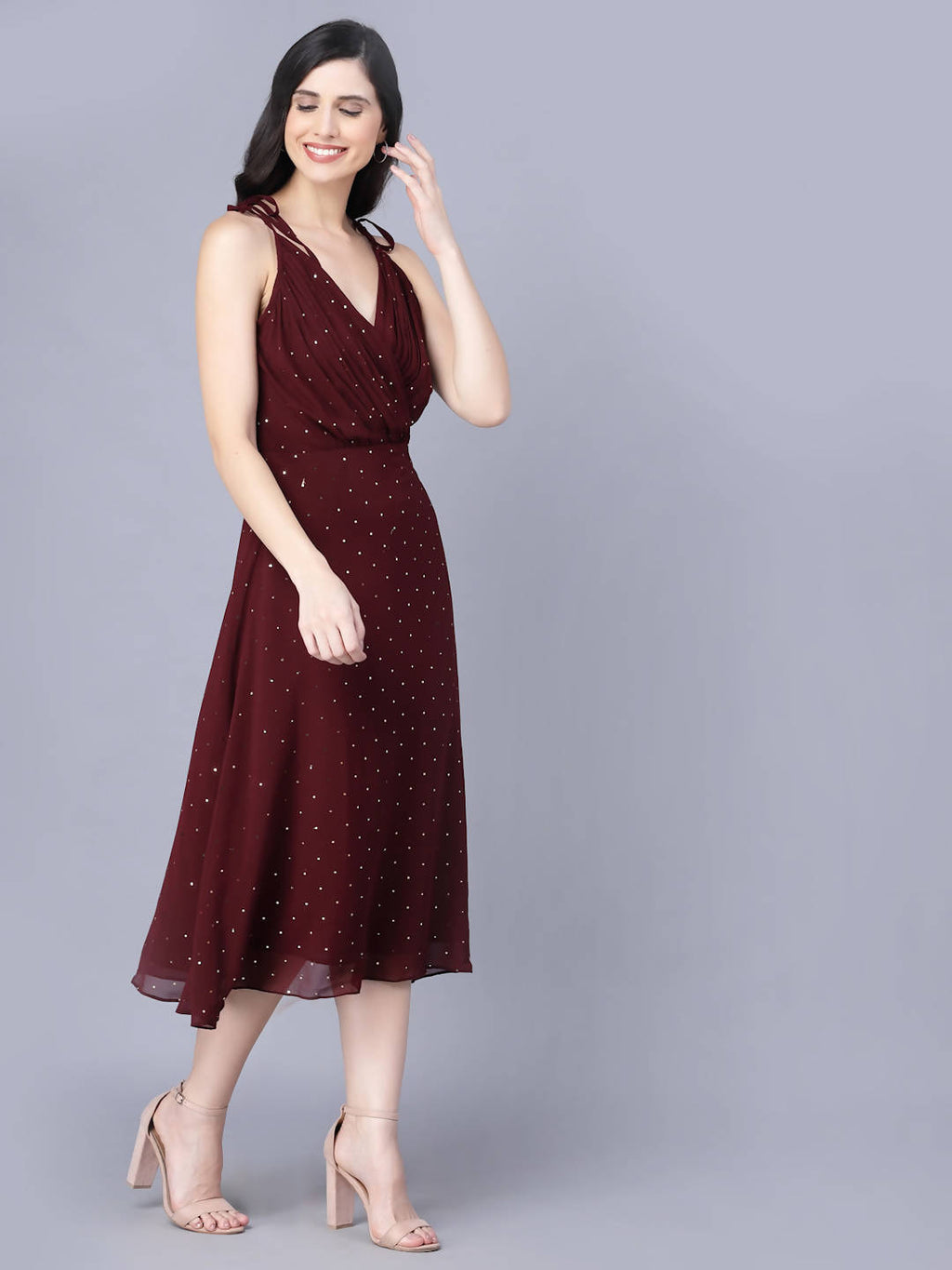 Myshka Georgette Solid Sleeveless Shoulder Straps Maroon Women Dress