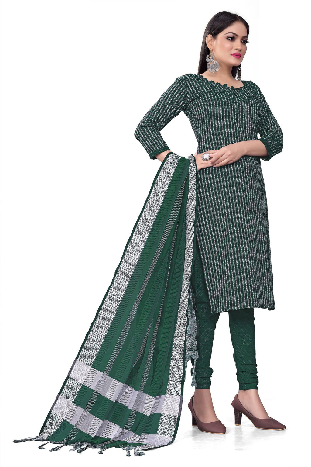 Green Cotton Jacquard Woven Unstitched Dress Material - Amara