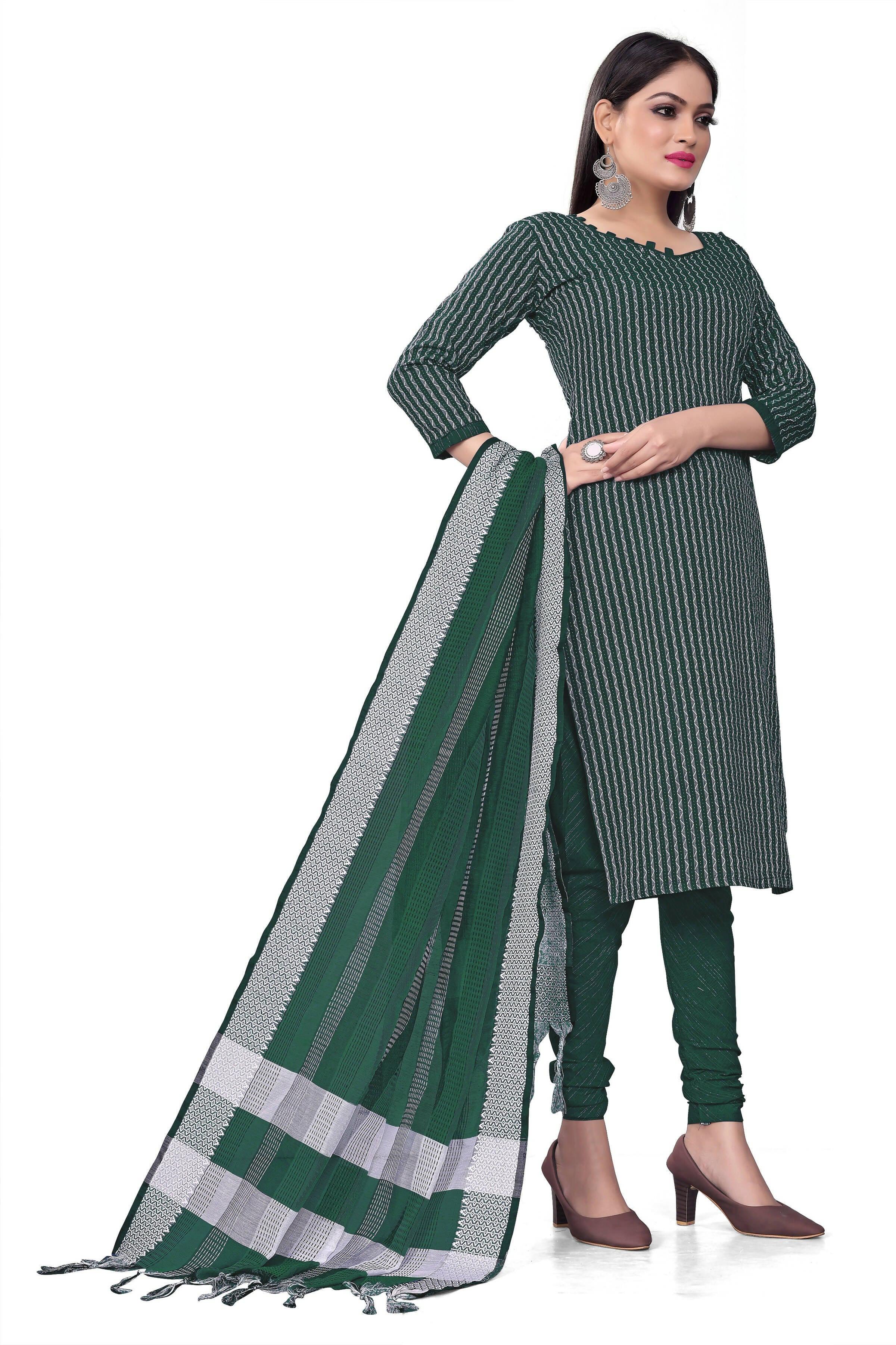 Green Cotton Jacquard Woven Unstitched Dress Material - Amara