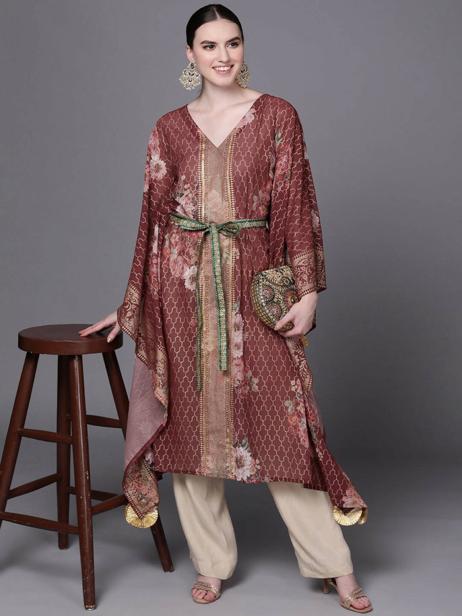 Ahalyaa Women Maroon Floral Printed Flared Sleeves Kaftan Kurta