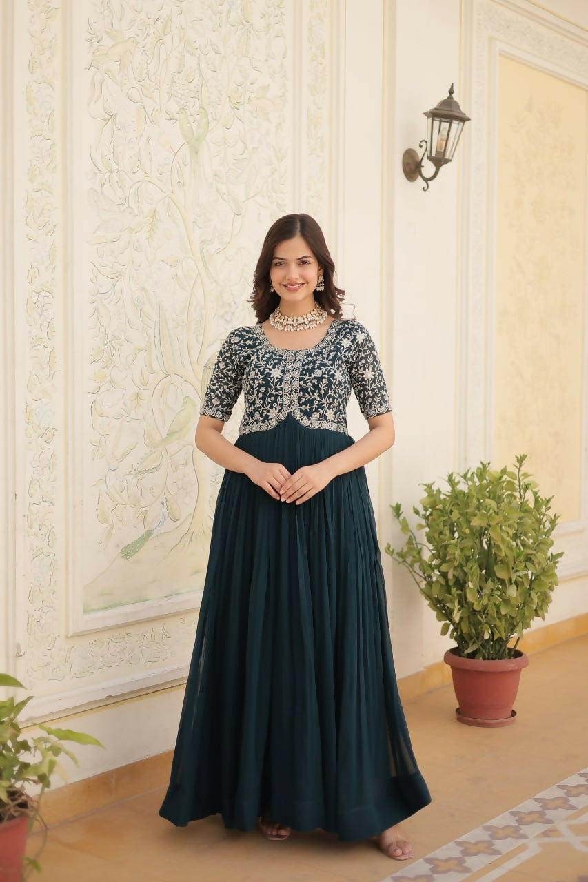 Vastranavya Faux Blooming with Embroidery Zari Sequins-work Gown - Teal