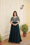 Vastranavya Faux Blooming with Embroidery Zari Sequins-work Gown - Teal