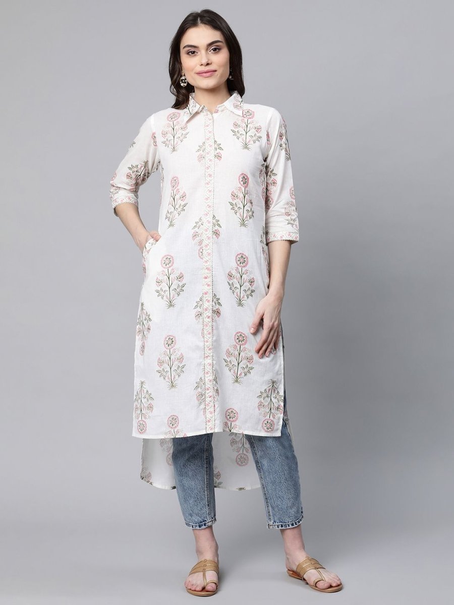 Ahalyaa Women's Off White Pure Cotton Floral Printed Kurta